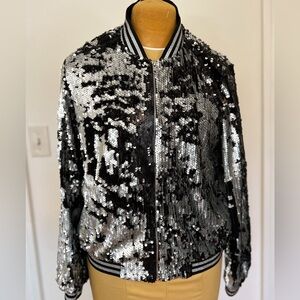 Silver gray and black sequin bomber jacket—like new!